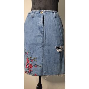 100% Cotton Distressed Denim Midi Skirt with Red Rose Embroidery Sz 2